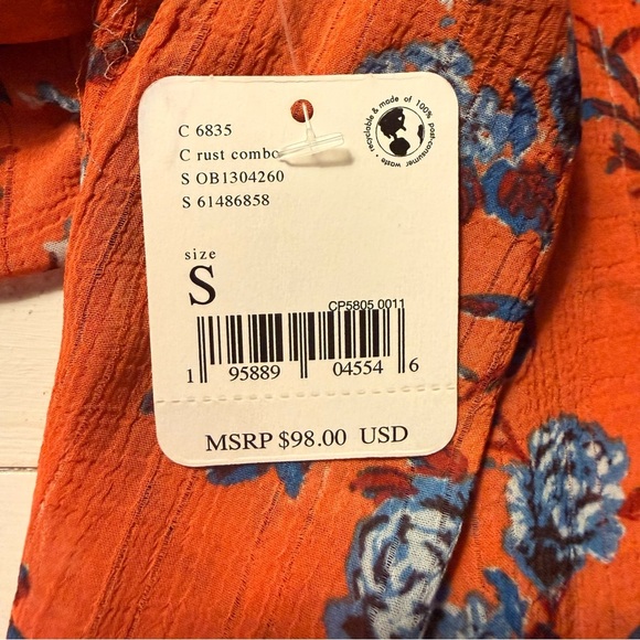 Free People | NWT Final Rose Orange Floral Ruched Blouse | Sz S - Picture 9 of 13